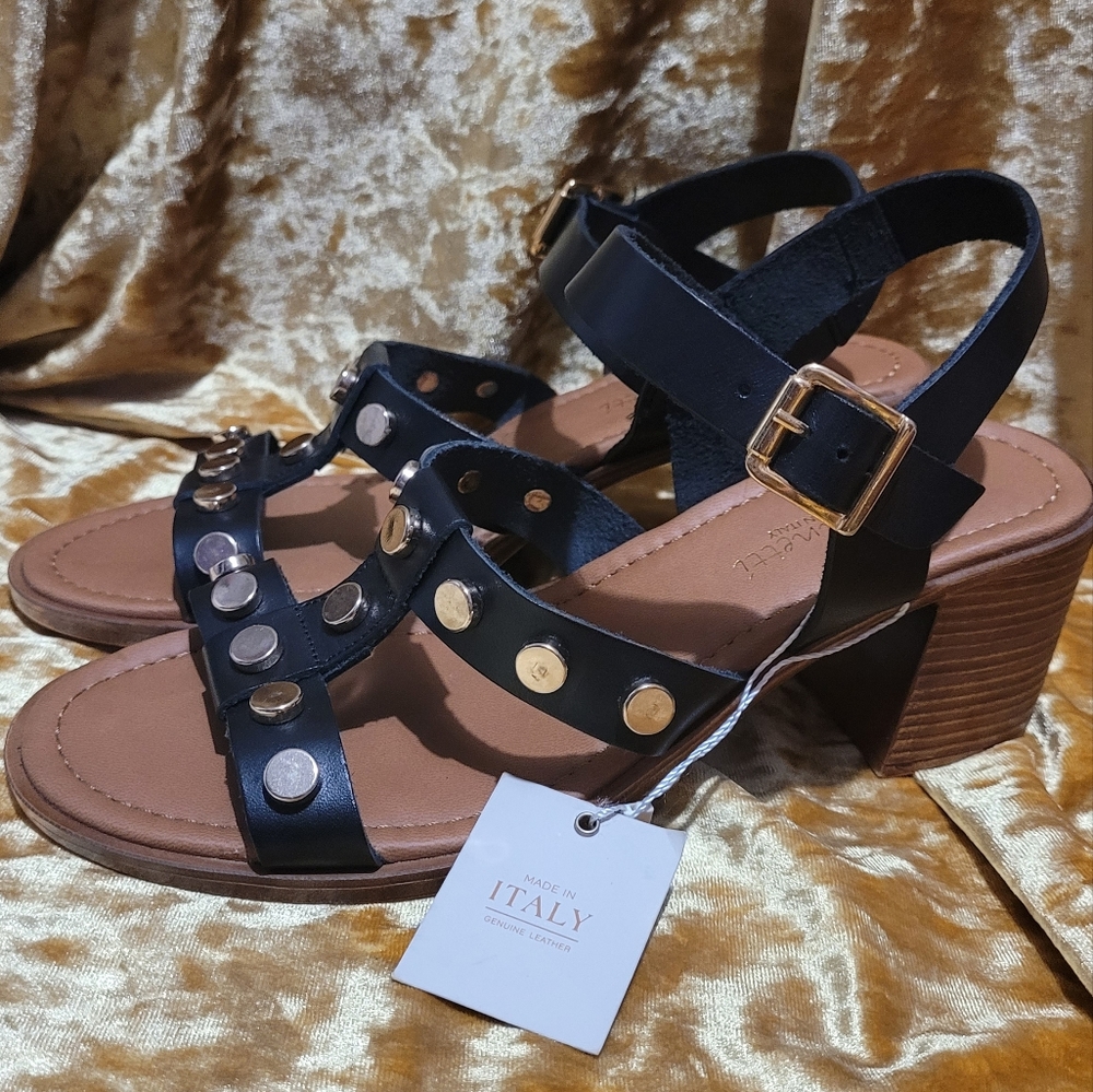 A. Giannetti Gold Studded Black Leather Heeled Sandals Sz 8